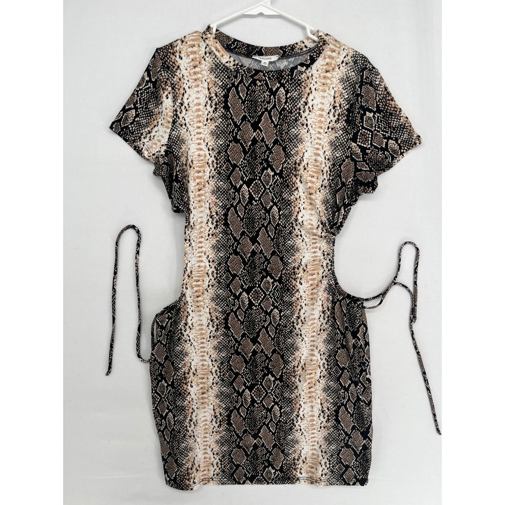 Persaya Snakeskin Print Cut Out Mini Dress XL Brown Black Short Sleeve Bodycon